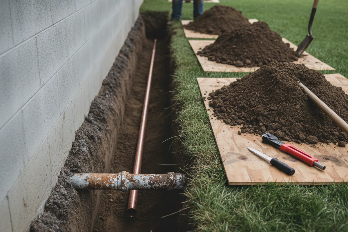 Excavated water line trench during Water Softener Installation in Waco